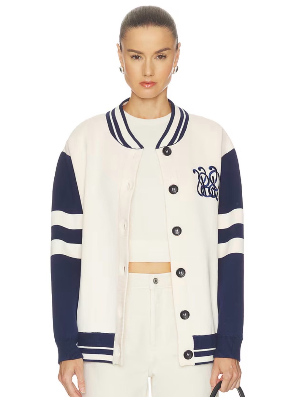 Cream and Navy Contrast-Sleeve Varsity Jacket - Picture 4 of 5